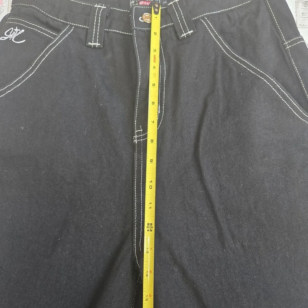 Y2K Black Baggy‎ Jeans Wide Leg Contrast Stitch Embroidered Gone Logo Size Small